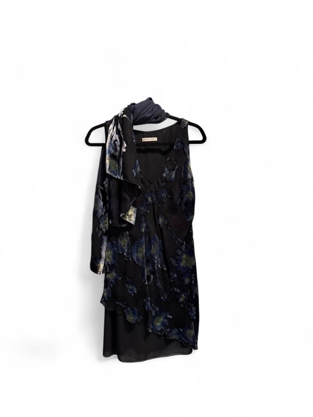 Emporio Armani Black One-Shoulder Floral Overlay Dress with Scarf